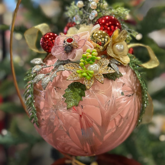 MARK ROBERTS FLORAL JEWELED FROSTED PINK 8 INCH ROUND ORNAMENT 36-54332