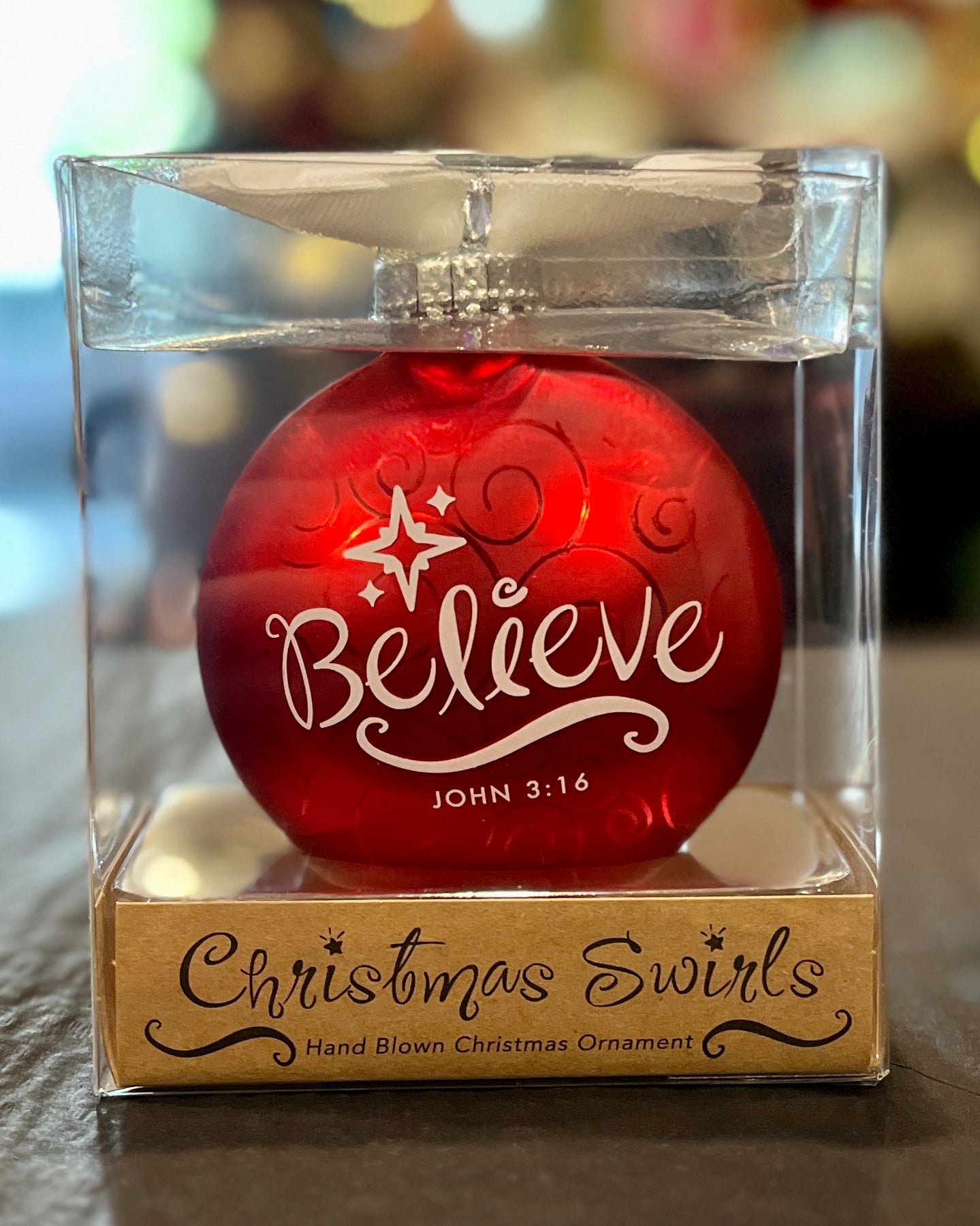 BELIEVE CHRISTMAS SWIRLS GLASS DISC ORNAMENT 12766