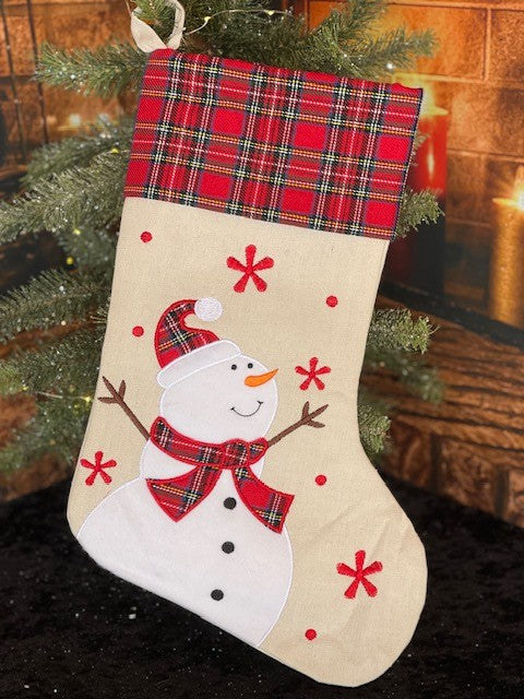 TARTAN CUFF SNOWMAN WITH ARMS UP STOCKING DS004