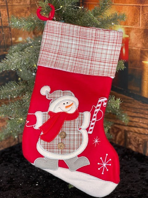 PLAID CUFFED RED STOCKING WITH SNOWMAN DS007