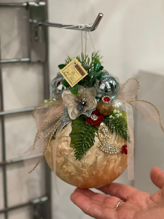 MARK ROBERTS FLORAL JEWELED FROSTED GOLD 6.5 INCH ROUND ORNAMENT 36-54310