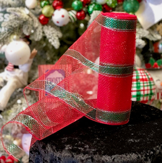 RED WITH GREEN METALLIC STRIPE MESH 9 METRE ROLL