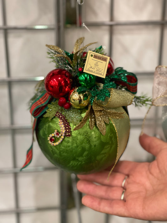 MARK ROBERTS FLORAL JEWELED FROSTED DARK GREEN 6 INCH ROUND ORNAMENT 36-54308