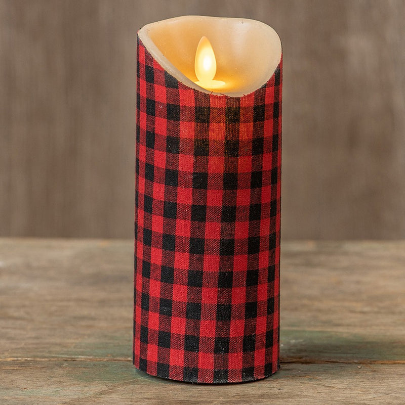 RAGON HOUSE RED & BLACK GINGHAM 7 INCH FABRIC PILLAR CANDLE