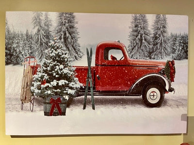 RED PICK UP SNOWY SCENE CANVAS PICTURE FRAME