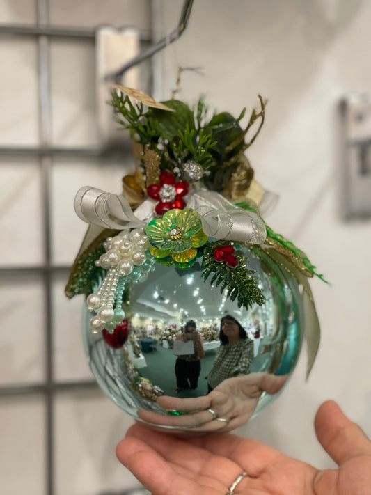 MARK ROBERTS FLORAL JEWELED SHINY BLUE ROUND 7 INCH ORNAMENT 36-54302