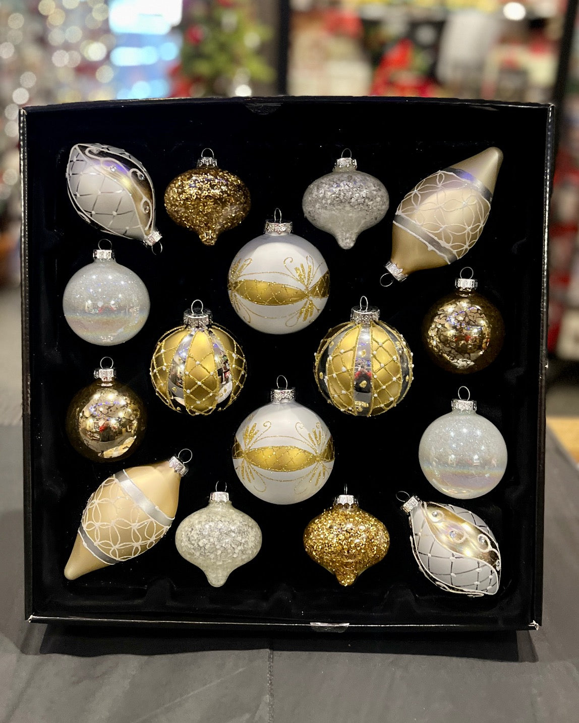 SET OF 16 GOLD & WHITE GLASS ORNAMENTS 24607/G