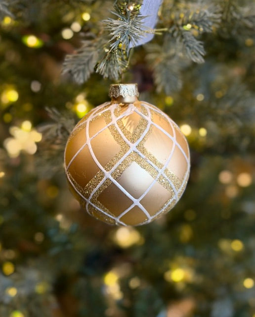 GOLD AND WHITE GLITTER DIAMOND 80MM GLASS BAUBLE GD004-26