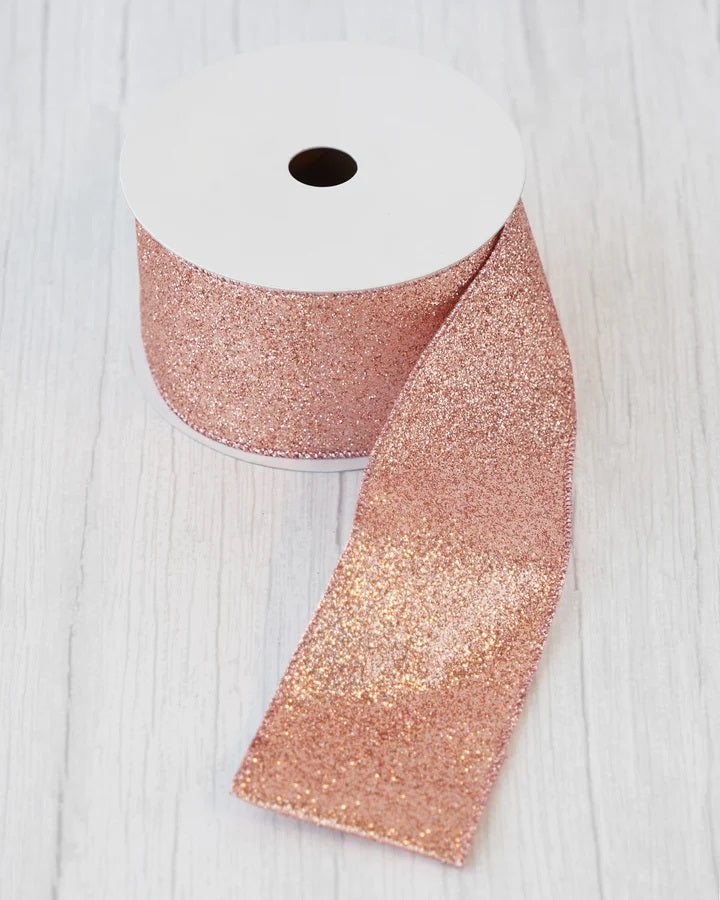 ROSE GOLD PINK GLITTER 2.5 INCH WIRE EDGED RIBBON X2480