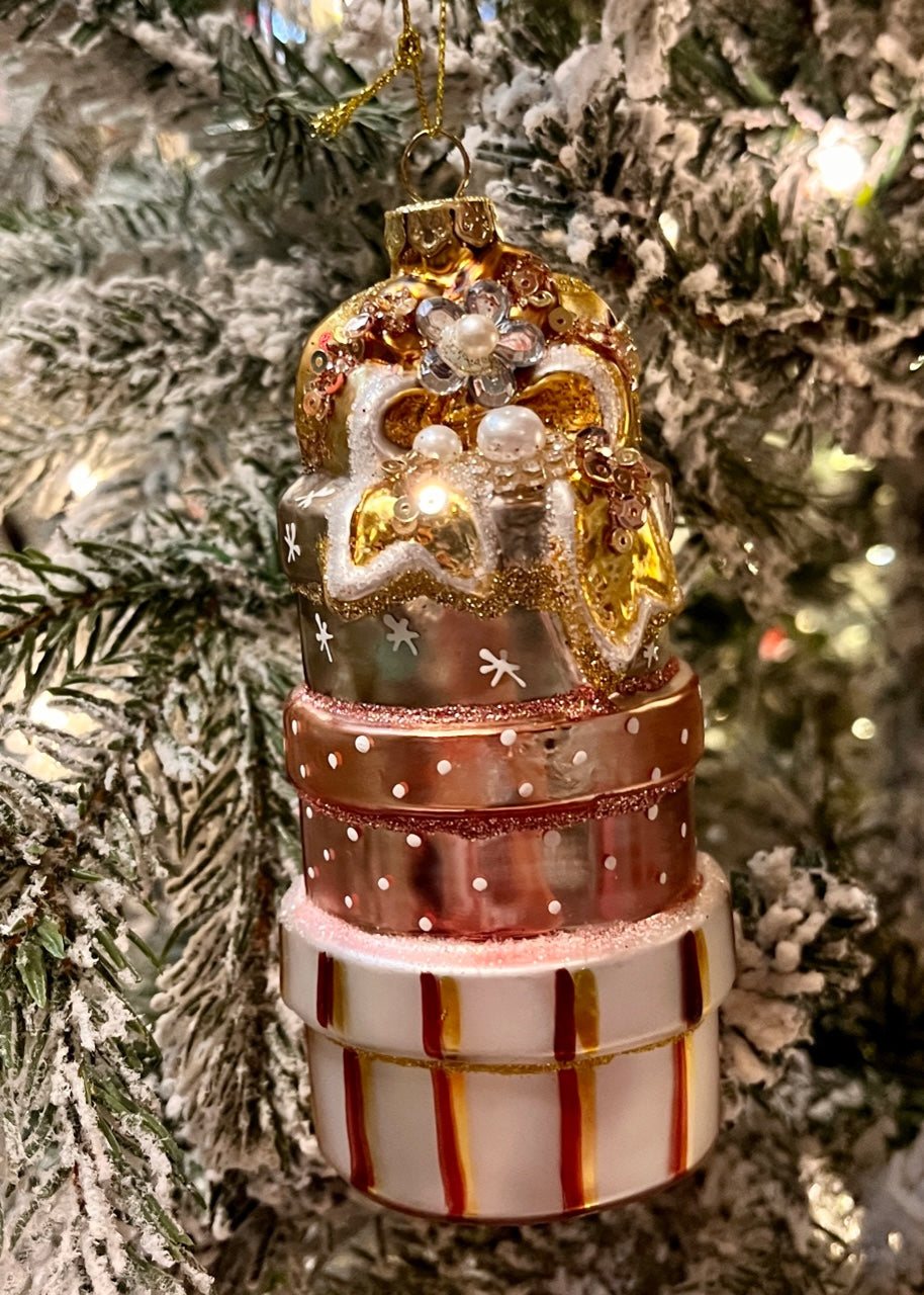 PINK & GOLD GIFT STACK GLASS ORNAMENT X3627