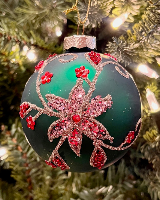 8CM GREEN & PINK FLOWERBURST ROUND GLASS ORNAMENT XGMAMGT