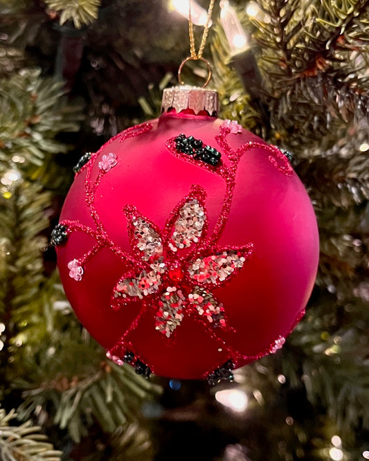 8CM RED & GOLD FLOWERBURST ROUND GLASS ORNAMENT XGMAMGX