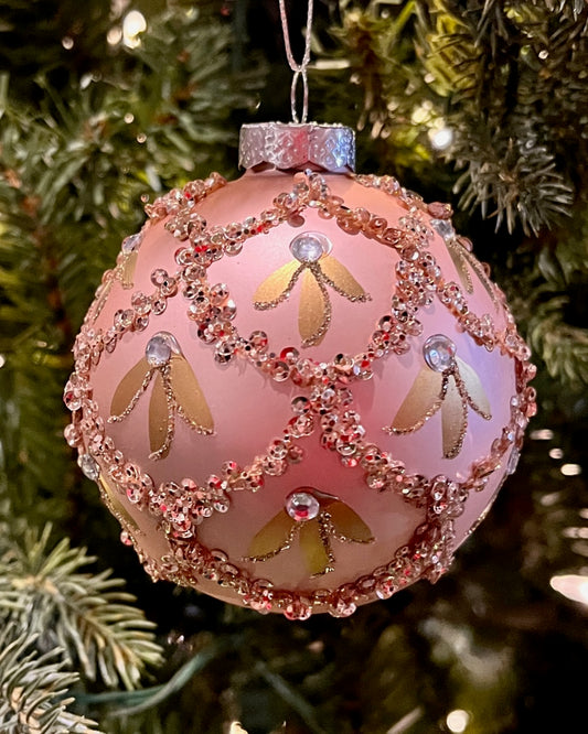 8CM PINK & GOLD LEAF ROUND GLASS ORNAMENT XGRCCGL