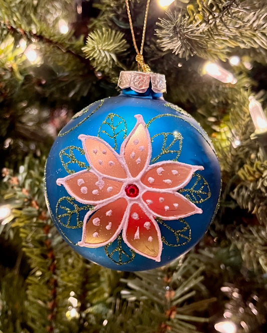 8CM AQUA & GOLD FLOWER ROUND GLASS ORNAMENT XGRCMGF