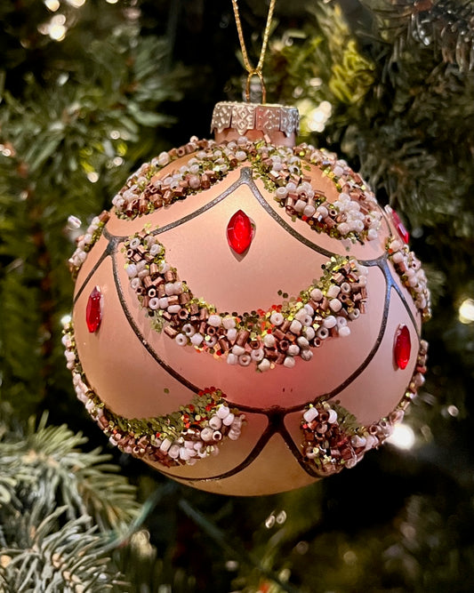 8CM GOLD BEADED SWAG ROUND GLASS ORNAMENT XGRCMGJ