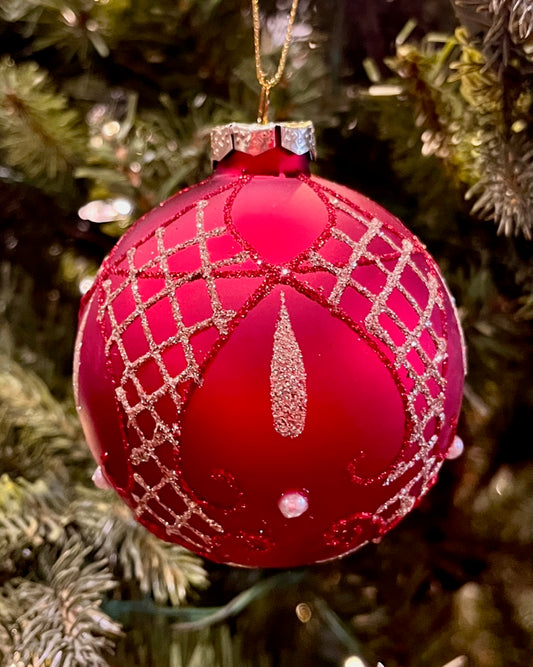 8CM RED GOLD NET ROUND GLASS ORNAMENT XGRCMRN