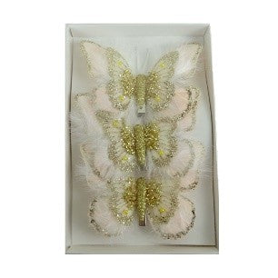 FEATHER BUTTERFLY PK3 CORAL CHAMPAGNE EDGE ORNAMENT XFXACCE