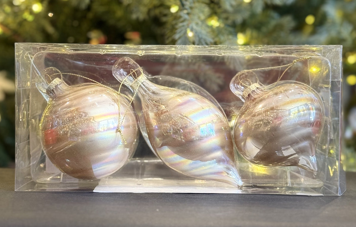 CHAMPAGNE SWIRL GLASS ORNAMENTS SET OF 3 XGFNCH3