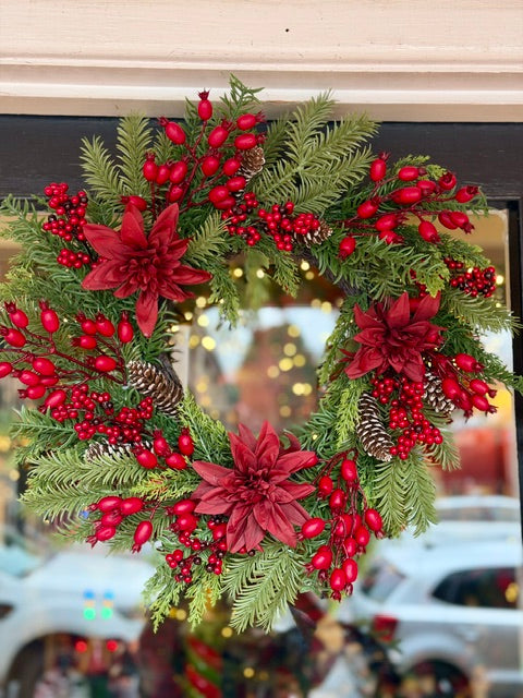 BERRY BURGUNDY DAHLIA, PINECONE SPRUCE WREATH XDHXBUW