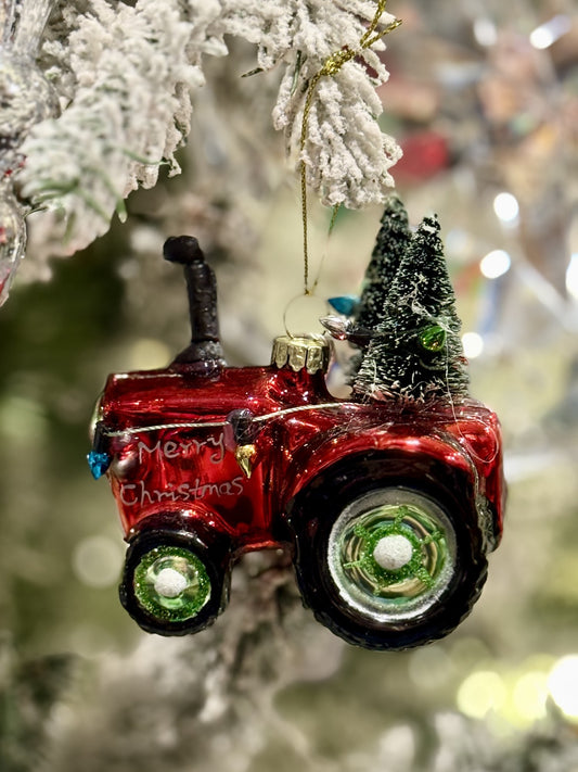 RED TRACTOR GLASS HANGING ORNAMENT XM0492