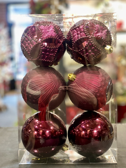 SET OF 6 ASSORTED PLUM SHATTERPROOF ORNAMENTS 33009889PU
