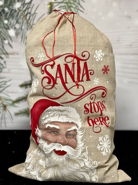 PRINTED SANTA STOPS HERE LINEN SANTA SACK SHD7032