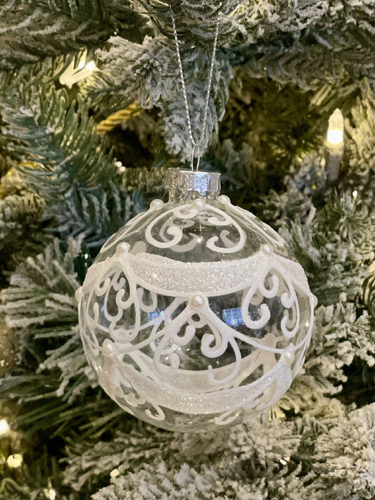 CLEAR WHITE SWIRLS & PEARLS GLASS HANGING ORNAMENT YAN7