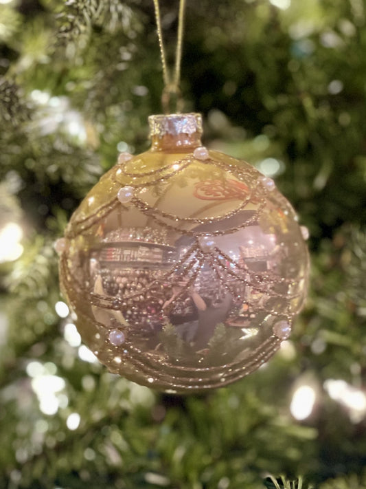 CHAMPAGNE WITH GOLD SWAG WITH PEARLS GLASS HANGING ORNAMENT YAN16