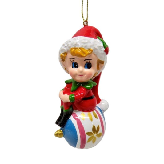 RETRO ELF SITTING ON BAUBLE HANGING ORNAMENT SHD1019