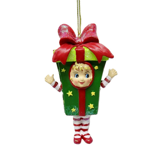 ELF IN PRESENT COSTUME HANGING ORNAMENT SHD1020
