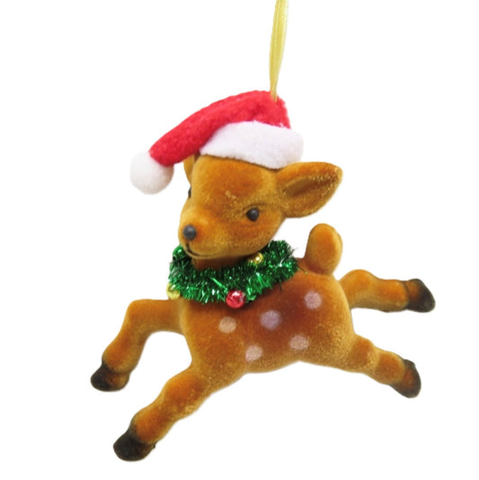VELVET REINDEER WITH SANTA HAT HANGING ORNAMENT SHD1050