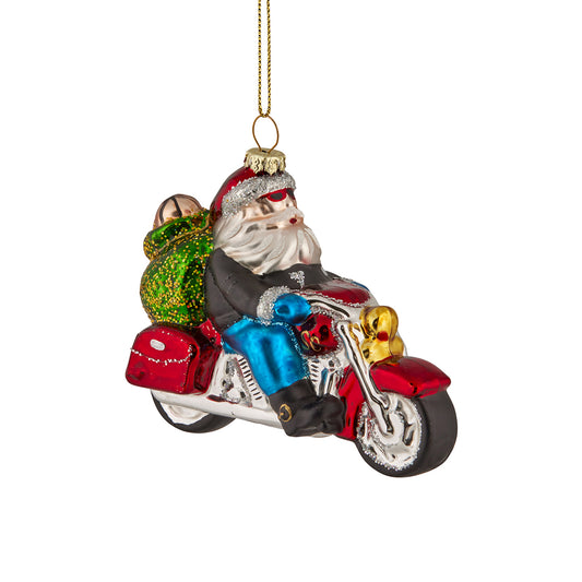 MOTORCYCLING SANTA GLASS HANGING ORNAMENT YAN320