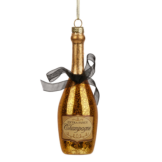 GOLD EXTRA FANCY CHAMPAGNE BOTTLE GLASS HANGING ORNAMENT YAN337