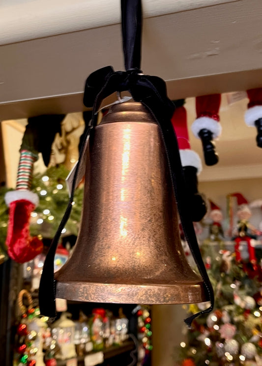 ANTIQUE COPPER SMALL METAL BELL WITH BLACK VELVET RIBBON X440988