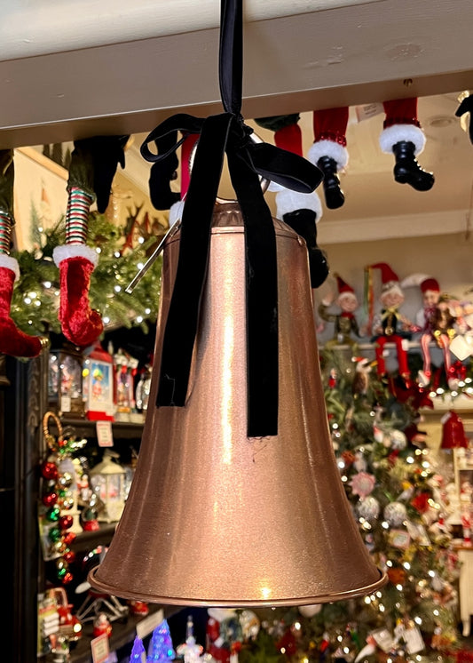 ANTIQUE COPPER METAL BELL LARGE WITH BLACK VELVET RIBBON X441015