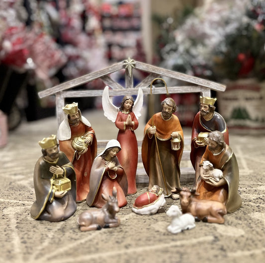 11 PIECE COLOURED NATIVITY SET & STABLE NS10264