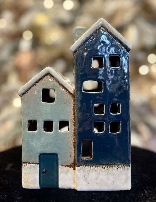 BLUE DOUBLE STONEWARE TEALIGHT HOUSE LH011