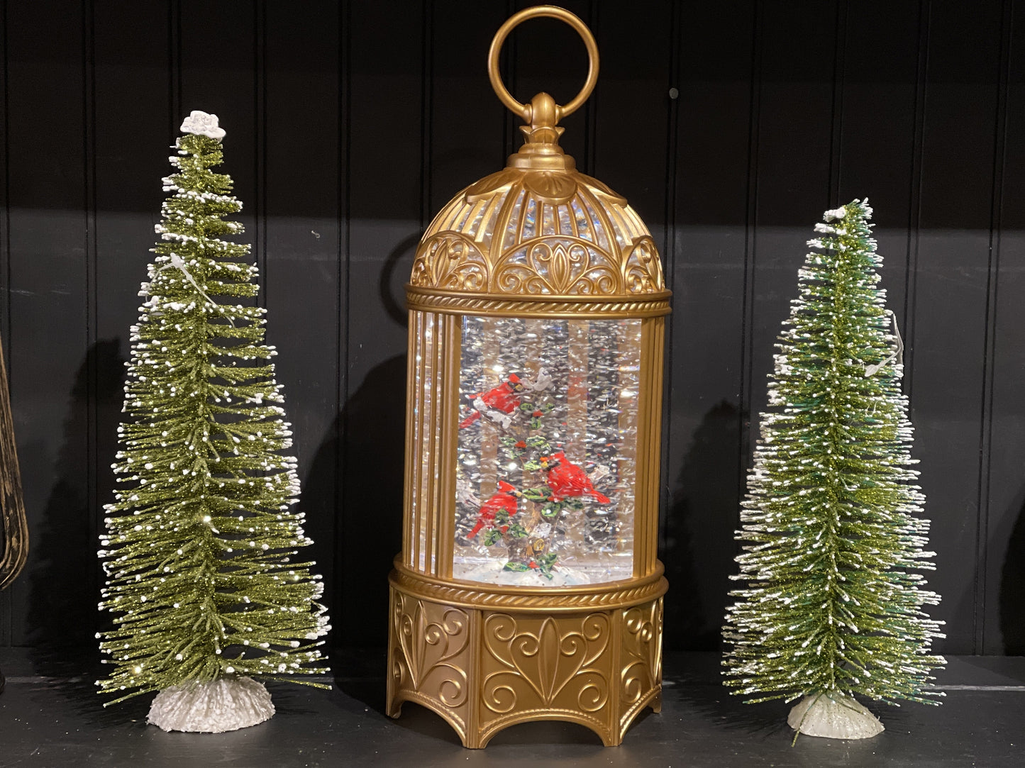 GLITTER LANTERN HEXAGON GOLD BIRD CAGE WITH CARDINALS XAC345