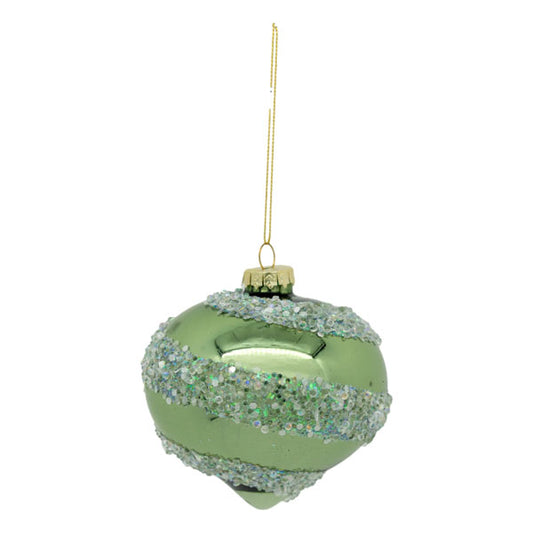 SAGE GREEN WITH CRYSTAL SWIRL ONION GLASS HANGING ORNAMENT SDX307