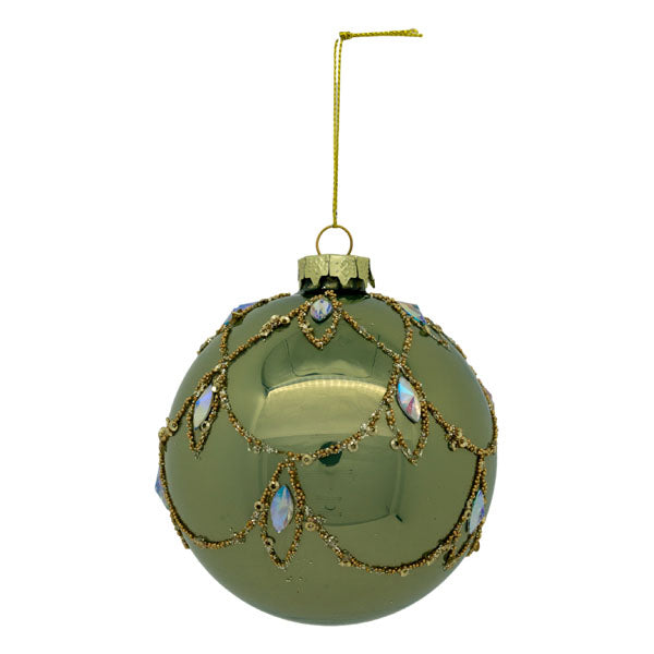 SAGE GREEN WITH GOLD SWAG ROUND GLASS HANGING ORNAMENT SDX318