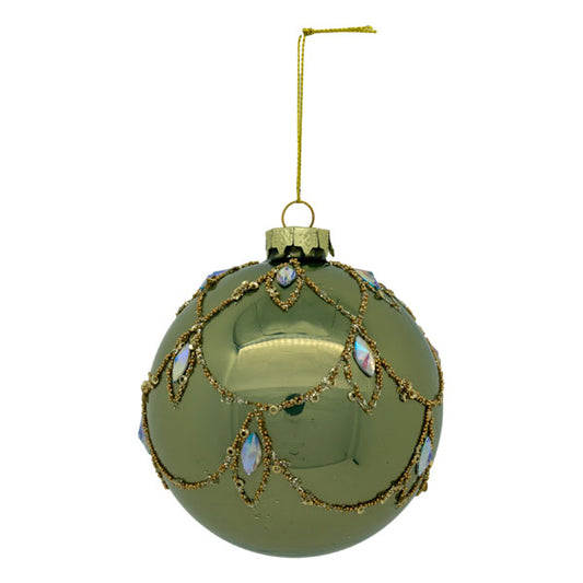 SAGE GREEN WITH GOLD SWAG ROUND GLASS HANGING ORNAMENT SDX318