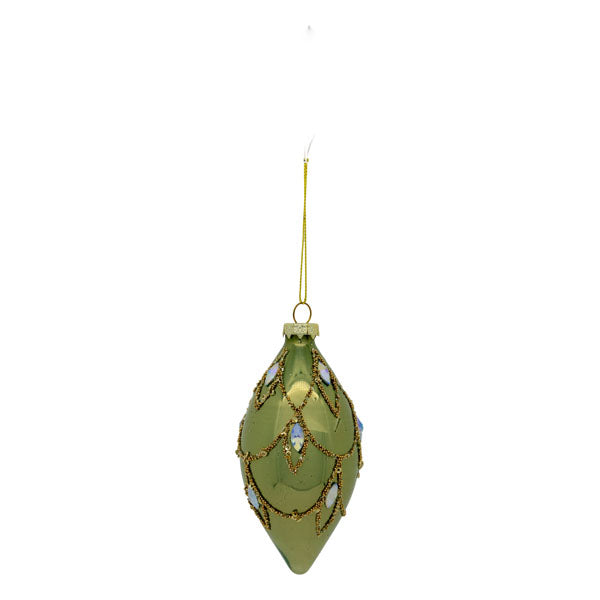 SAGE GREEN WITH GOLD SWAG TEARDROP GLASS HANGING ORNAMENT SDX320