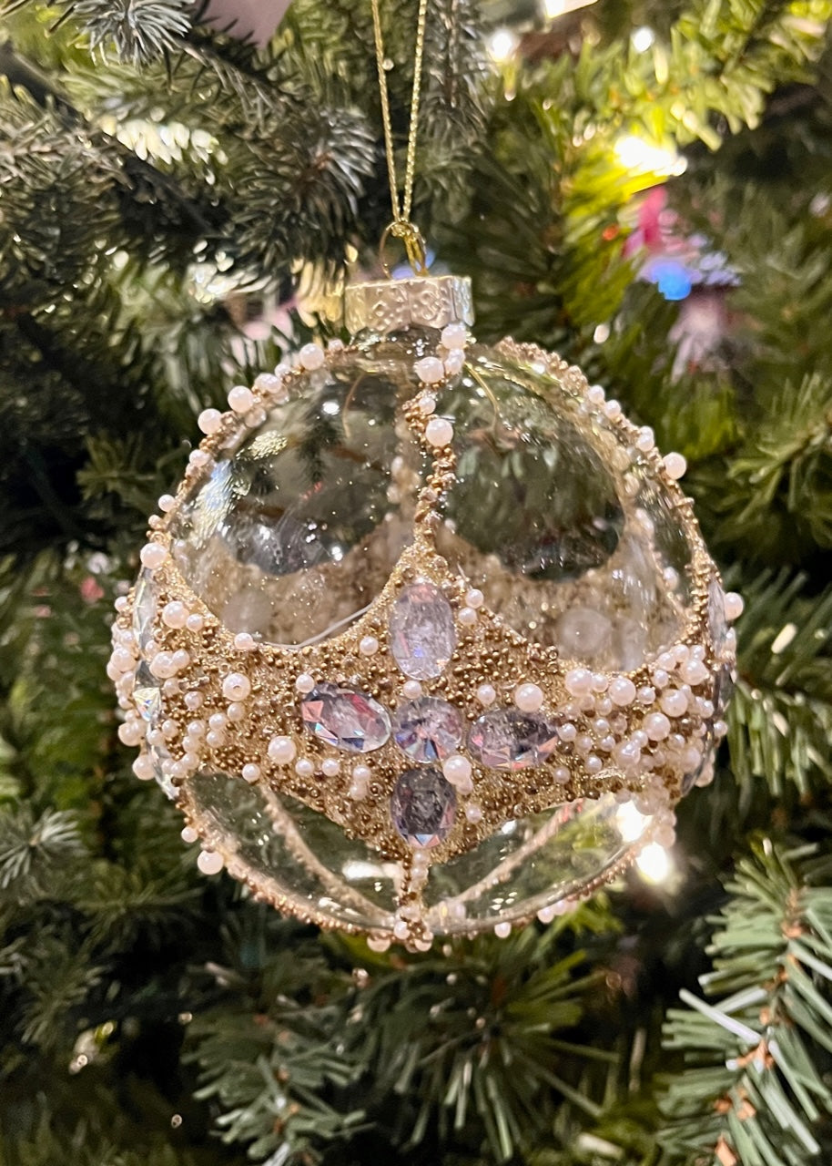 Clear Gold Encrusted Round Glass Ornament SPQ010