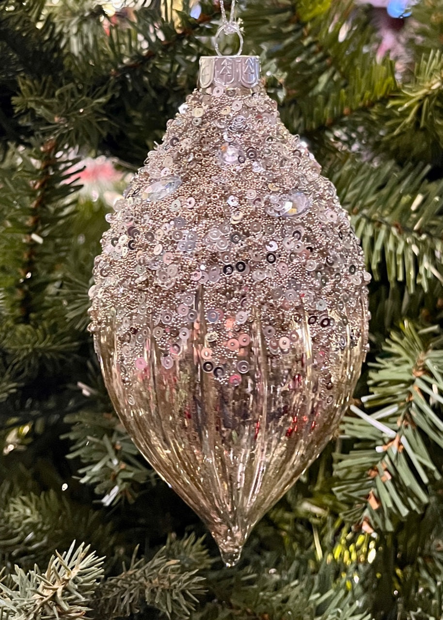 Silver Mercury Beaded Glass Teardrop Ornament SPQ028