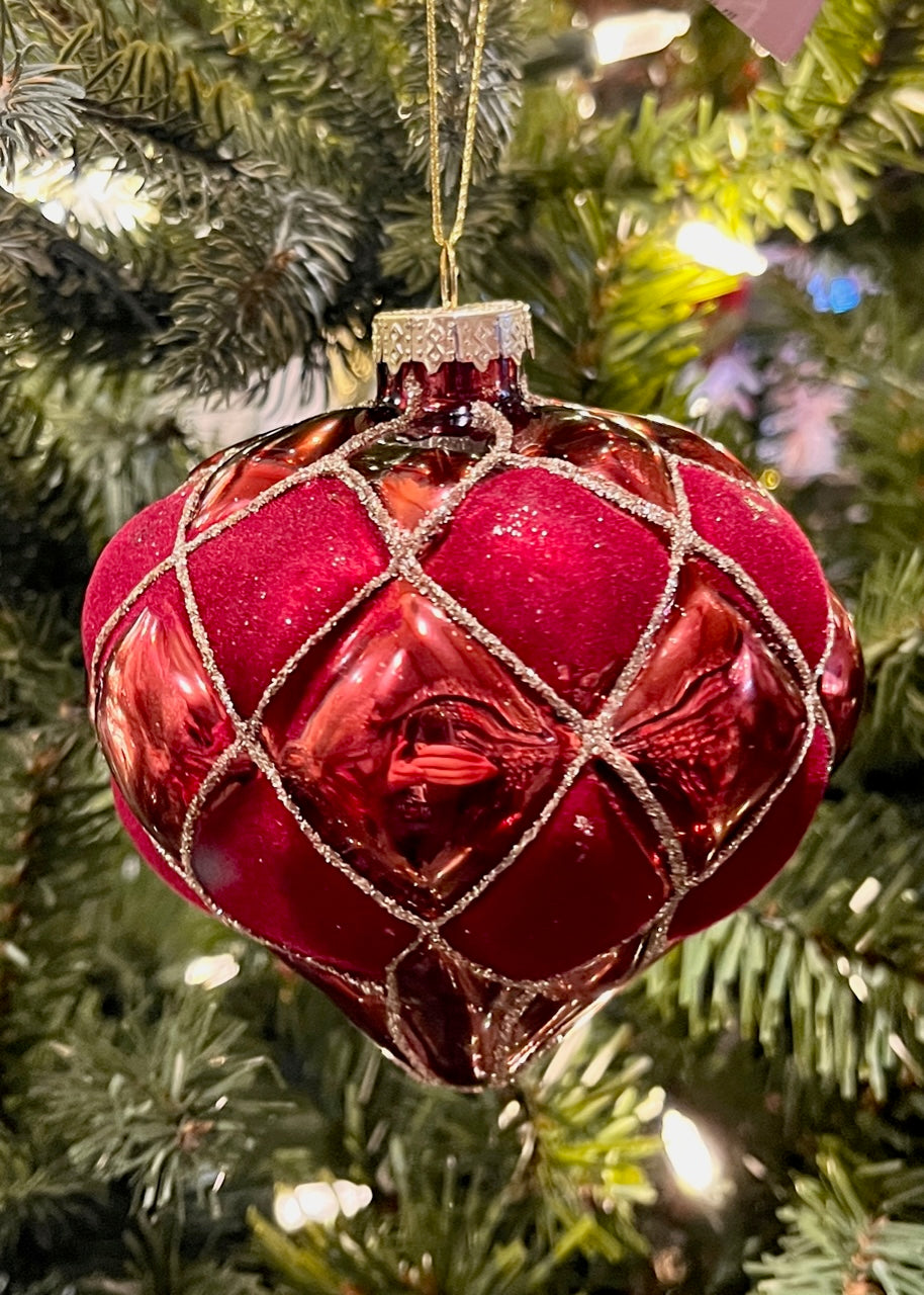 BURGUNDY VELVET HARLEQUIN GLASS ONION ORNAMENT SPQ042