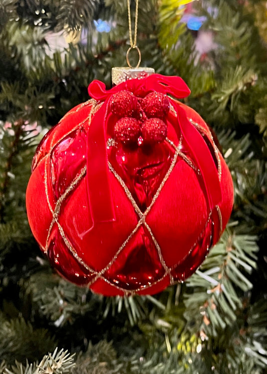 RED VELVET HARLEQUIN GLASS ROUND ORNAMENT SPQ046