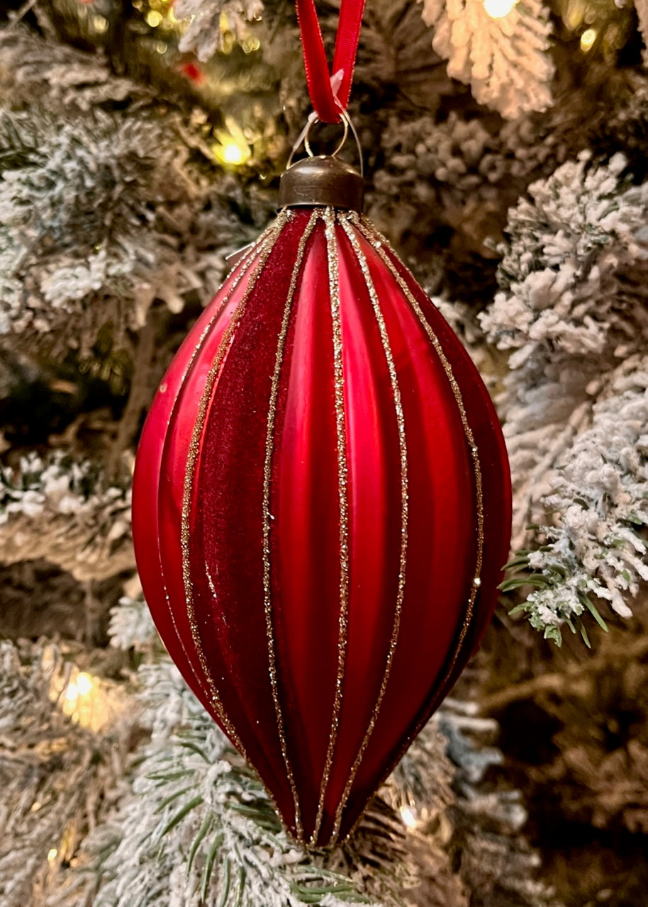 RED FLOCKED STRIPE GLASS TEARDROP ORNAMENT SPQ060
