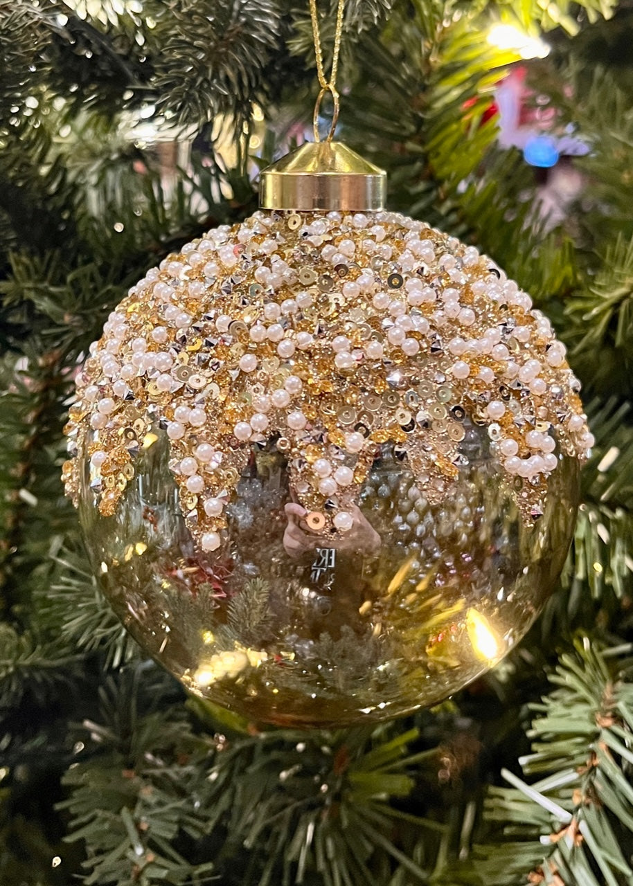 Champagne Beaded Round Glass Ornament SPQ086