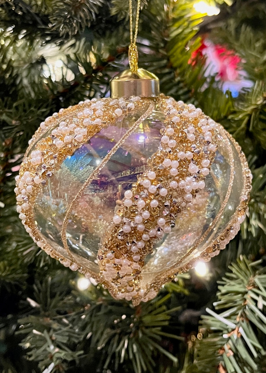 Clear Gold Encrusted SWIRL GLASS ONION ORNAMENT SPQ106