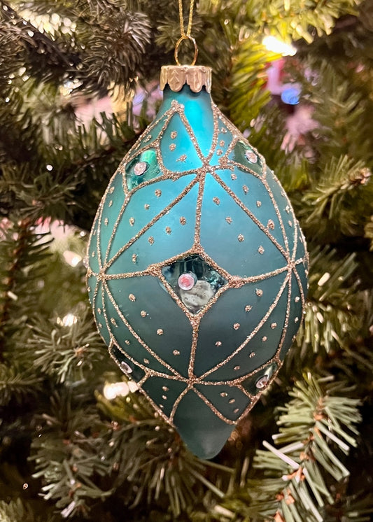 TEAL & GOLD GLASS TEARDROP ORNAMENT SPQ139